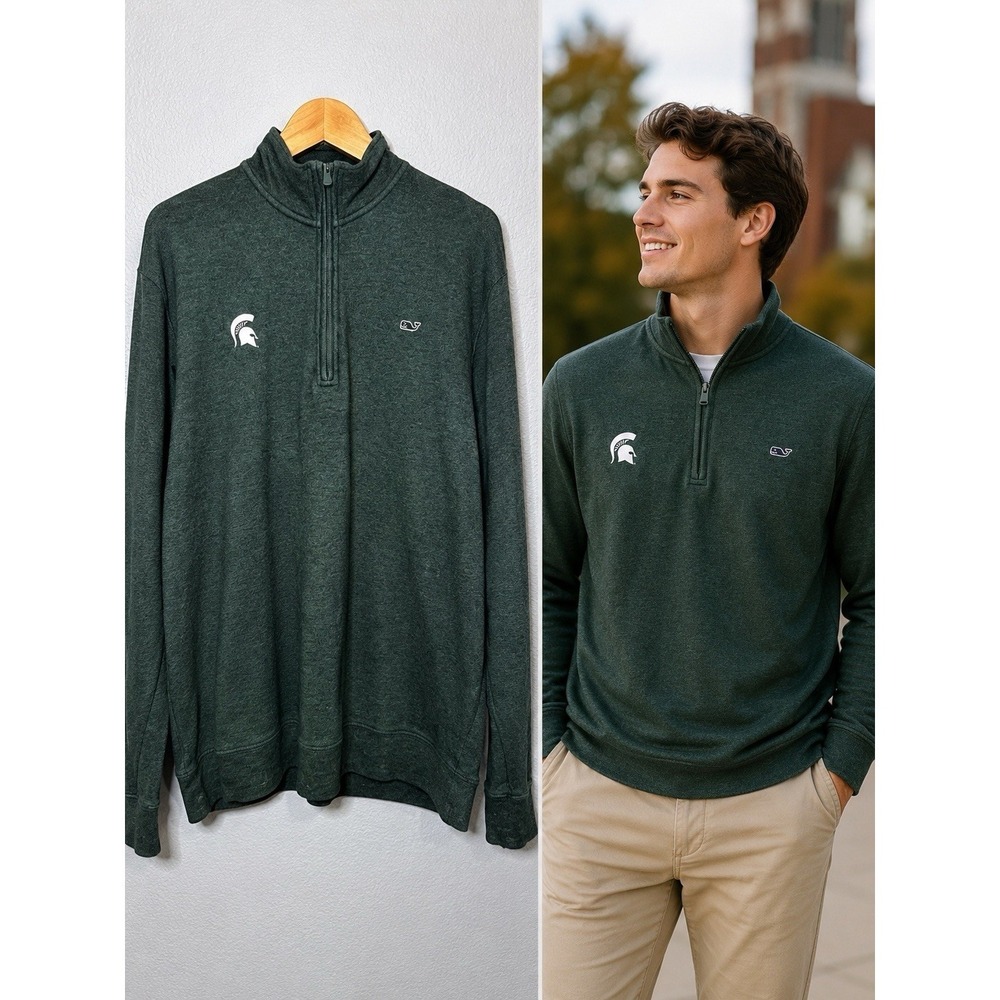 Michigan State Full Zip Mens L Green Pima Cotton Golf Vineyard Vines Preppy